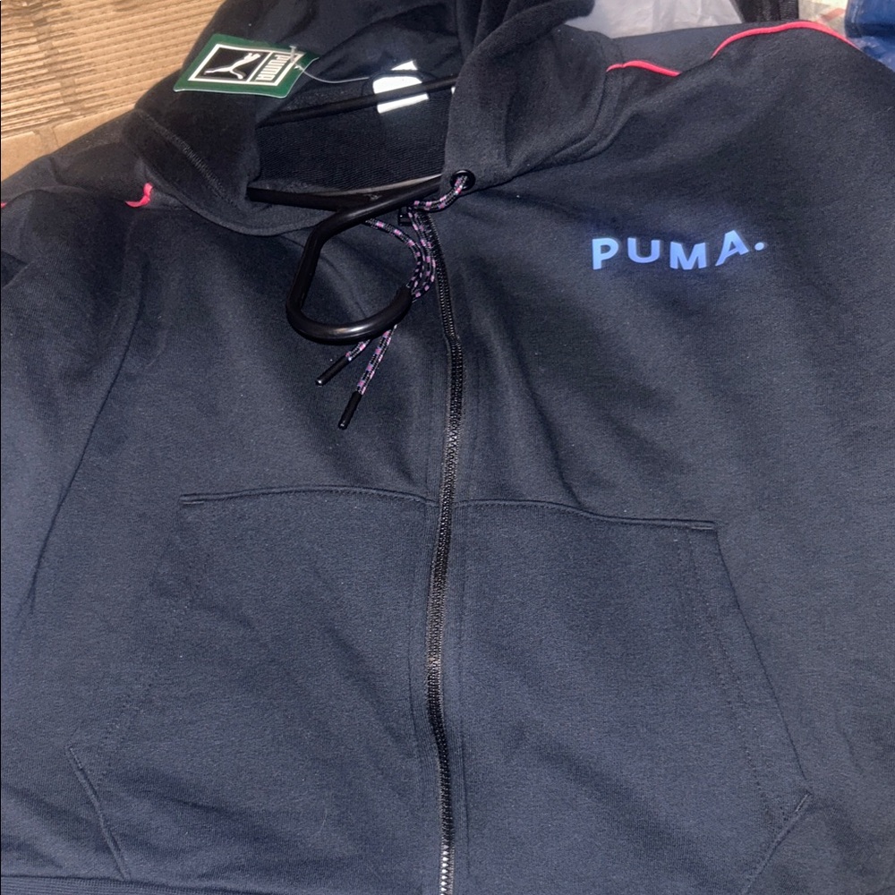 PUMA Black Hoodie with Blue Logo and Pink Trim